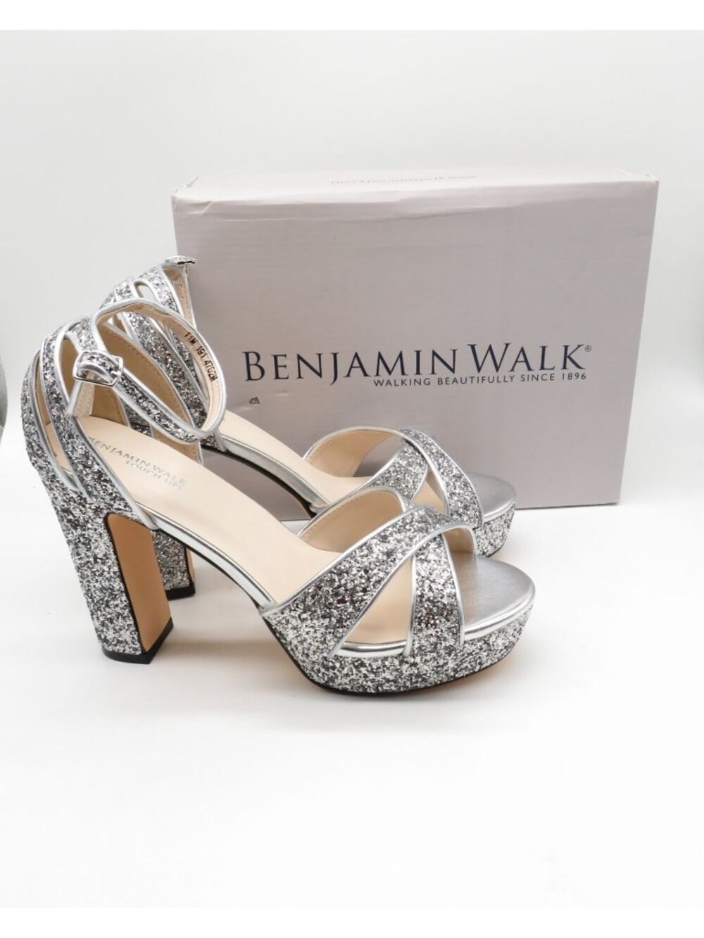 Benjamin Walk Jemma Silver Glitter  Heels 4.5-Inch Block Heel Size 11M NEW